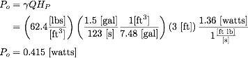 Example calculation using the equation for calculating the power output of the pump. The unit