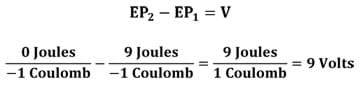 Equation shows EP2 - EP1 = V = 9 volts.