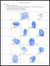 A grid with blue inked fingerprints in some cells, with ...