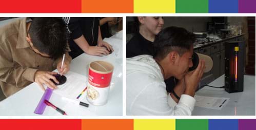 Two photos: (left) A student uses an X-acto-knife to cut a hole in the lid of an oatmeal container, and (right) a student looks through his finished spectrograph at a gas discharge tube.