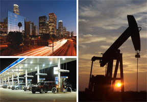 Three photos: Streaking vehicle lights illuminate a highway near a row of skyscrapers at dusk. A line of vehicles at gas pumps under an illuminated roof. The sun sets on a prairie, making a silhouette of a drilling rig.