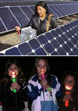 Two photos: (top) A woman uses a control box located in the middle of a field of angled solar panels. (bottom) Three youngsters in the dark hold flashlights under their chins so they shin up on their faces.
