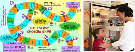 Two images: (left) Image of the Energy Choices Game playing board showing a multi-colored curving pathway. (right) Photo shows mom and a boy at an open refrigerator. 