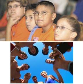Two photos: (top) Four young students sit together and look like they are thinking and focusing on something outside of the image. (bottom) View looking up into a huddle of nine students in a team circle.