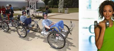 Two photos: (left) Three people pedal a human-powered land rover – a "moonbuggy." (right) In one hand, a girl holds a barbell at her shoulder level.