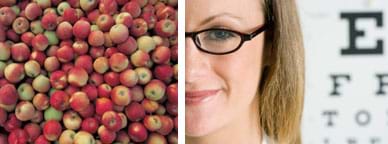 Two photos: A variety of apples. A girl wearing glasses with a large-lettered eye chart behind her.