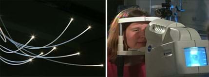 Two photos: (left) Sparkles of light emit from eight curved and glowing cables. (right) A woman looks into and rests her chin on the ledge of a tabletop machine that has controls and a monitor.