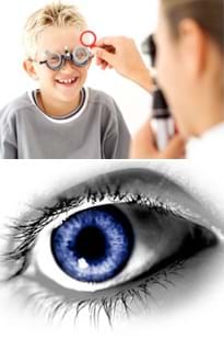 Two photos: A woman in a lab coat looks through a handheld device at a boy wearing special glasses over his eyes. A close-up view of a human eye with a blue iris.