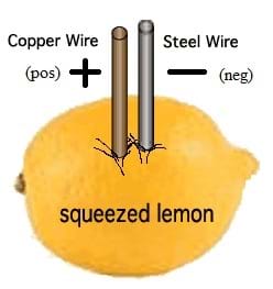 A diagram shows a copper wire (positive electrode) and steel wire (negative electrode) pushed into a lemon, close together.