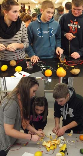 Two photos: Three students test the voltage of a fruit and vegetable circuit they built with a multimeter. Three teens at a table build a circuit by cutting up a grapefruit to create a series circuit.