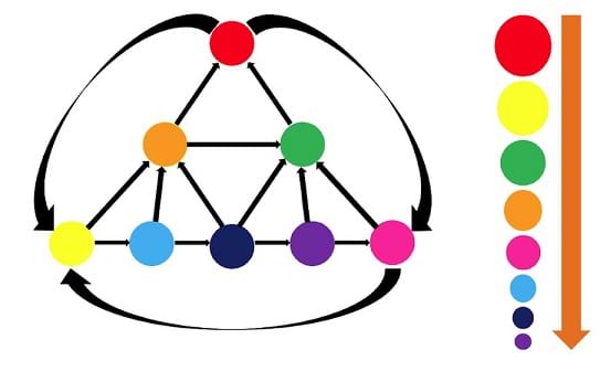 Red, orange, green, yellow, light blue, dark blue, purple and pink circles are connected with 16 arrows. Red is connected to yellow and pink, orange is connected to red and green, green is connected to red, yellow is connected to orange and light blue, light blue is connected to orange and dark blue, dark blue is connected to orange, green and purple, purple is connected to green and pink, and pink is connected to green and yellow. Red is the largest, followed by yellow, followed by green, followed by orange, followed by pink, followed by light blue, followed by dark blue, followed by purple.