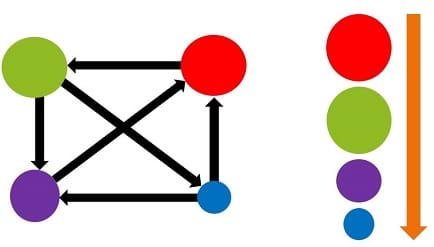 A green, red, purple and blue circle are connected with 6 arrows. The green is connected to the blue and purple, the purple is connected to the red, the blue is connected to the purple and red, and the red is connected to green. Green and red are the largest and the same size, then purple, then blue.