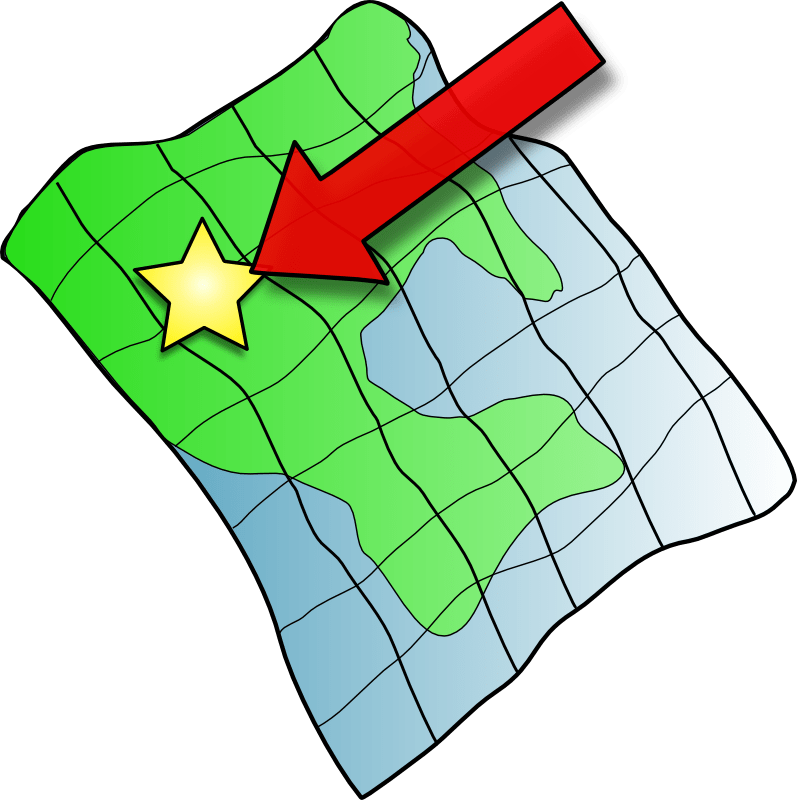 A cartoon image of a ruffled map with a marked star on it.