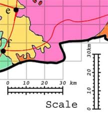A portion of a map showing a grid and distance scale. Each grid side is 10 km.