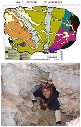 Two images: A map of the oval-shaped state of Alabraska shows the location of geological formations and rock types. A photo shows a girl with a helmet and headlamp climbing through the rock walls of a cave.