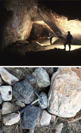 Two photos: Two people with headlamps in an angular-walled rock cavern. A hammer rests on a pile of rocks of assorted types and sizes. 