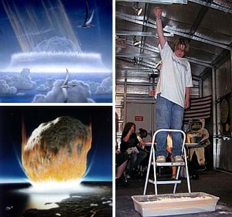 Three images: Two artists' drawings show an asteroid about to entering the Earth's atmosphere and about to impact a coastline. A photo shows a teenager on a step ladder holding a ball high overhead, about to drop it in a tray of sand below him on the floor.