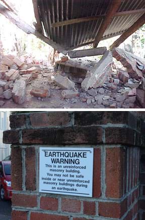 Two photographs: A corrugated metal roof leaning on the ground amidst brick and concrete rubble. A signed posted on a brick walls says: Earthquake warning: This is an unreinforced masonry building. You may not be safe inside or near unreinforced masonry buildings during an earthquake.
