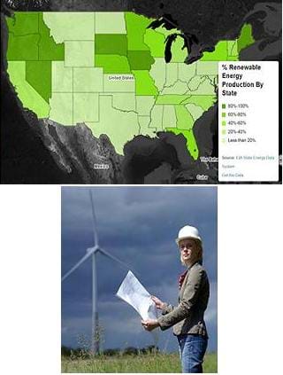 Photo shows a woman standing in a field with a huge three-bladed wind turbine nearby. Screen capture shows a US map with various shadings of green to indicate the degree to which states contribute to renewable energy production.