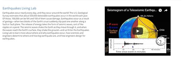 Screen capture image of a website page shows a paragraph of text, an embedded video and a hyperlink to "enter the Earthquakes Living Lab."