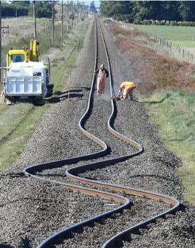 A photograph looking down the length of a set of railroad tracks so you can see the flat-on-the-ground, s-shaped rails at one spot.