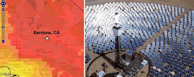 Two images. A screen image shows a red and orange map the Los Angeles metro area with a zoom tool. Photo shows a field of angled shiny solar panels surrounding a tower.