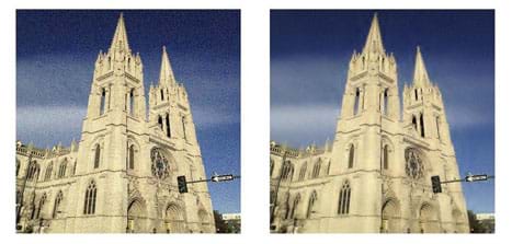 Two photograph show the twin pointed towers of the Cathedral Basilica of the Immaculate Conception in Denver, CO, with noise (left) and without noise (right). The right image looks crisper.