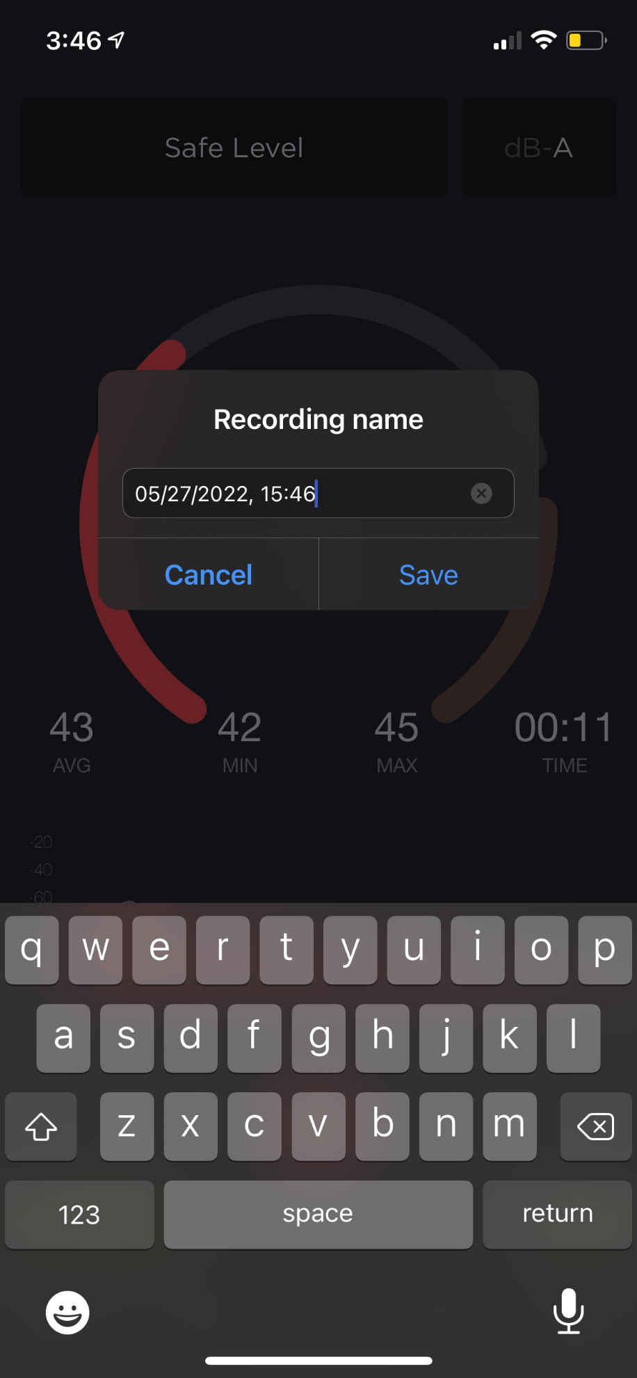 A screenshot of the Decibel: dB sound level meter app.