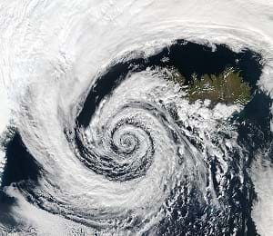 An extratropical cyclone near Iceland on September 4, 2003.