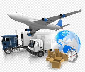 A composite image showing the an airplane, trucks, boxes globe and stopwatch—all suggesting world shipping and transportation.