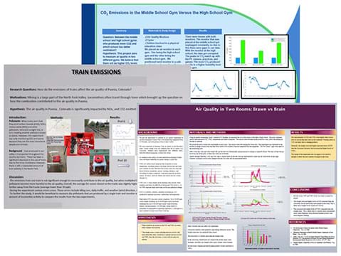 Screenshots show three student research posters.