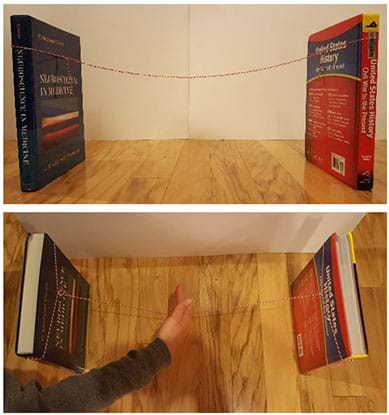 Two photographs: A side view shows two text books standing up vertically about 18 inches apart, with one long string tied around one book, strung across the gap and then tied around the second book. A view from above of the same setup shows a hand pressing down on the middle of the string across the gap between the two books, which results in the books both falling inwards.