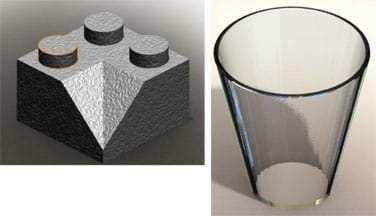Two 3D renderings: (left) A Lego brick cube with three bumps on its top side and a corner slice removed from its top front corner. (right) A drinking glass with smooth sides, and top opening wider than its base.