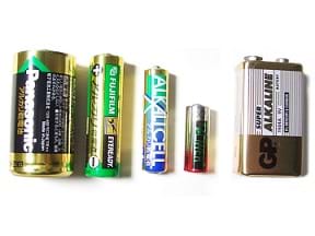 A selection of alkaline batteries in different form factors.