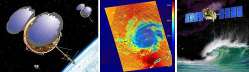 Three images: Photo shows three satellites with reflective solar panels and long antennae floating above the curved surface of the Earth. A digital weather map shows a spiral shape of Hurricane Frances with color gradations from dark blue at the eye to yellow and orange at the outer edges. A drawing shows a satellite device with eight solar panels above a powerful ocean wave, representing its ability to monitor sea level changes and stormy weather.
