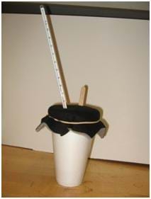 Photo shows a white foam cup with a felt lid held onto the cup by a rubber band. A thermometer and a Popsicle® stick are sticking out through the felt lid.
