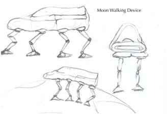 A black and white sketch of a Moon Walking Device, inspired by the dragonfly, and designed by elementary students.