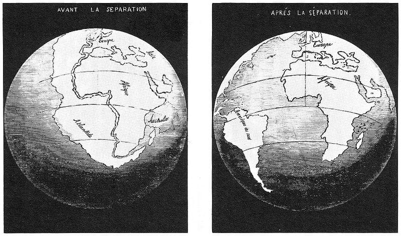 An illustration by Antonio Snider-Pellegrini of the Opening of the Atlantic Ocean in 1858 depicting continental drift.