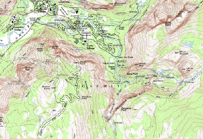 An extract of the Half Dome USGS quadrangle topographic map showing some of the trails near Glacier Point in Yosemite National Park, CA.