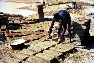 Photo shows two men making adobe bricks and laying them out in the sun to dry.