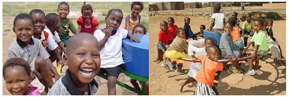 Two photos show smiling children playing on a merry-go-round that pumps water.