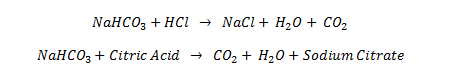 Two reactions showing how sodium bicarbonate reacts with acids in the body, specifically hydrogen chloride and citric acid, to form water, carbon dioxide and other byproducts.