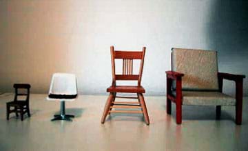 A photograph shows four miniature chairs, from left to right, half-inch scale, three-quarter-inch scale, one-inch scale and one-sixth scale.