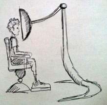 A pencil sketch shows a person sitting in a chair looking into a bowl-shaped item positioned with the wide opening in front of his head, held up by an independent support system based on the floor.