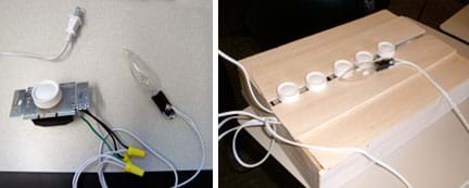 Two photos: (left) A close-up of the dimmer switch wired to the light bulb with an extension cord. (right) The dimmer switches mounted in a box made of balsa wood.