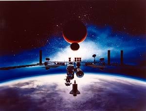 An artist's conception of the Space Station Freedom in orbit (Alan Chinchar's 1991 rendition).