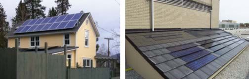 Two photos: (left) Nearly the entire half of a peaked roof of a two-story house is covered by blue panels with silver edges. (right) An angled roof surface with rows of dark shingles, some of which are shiny and darker.
