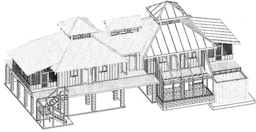 A line drawing shows a two-story house that was drawn isometrically using AutoCAD in order to accurately depict building blueprints and design plans. 