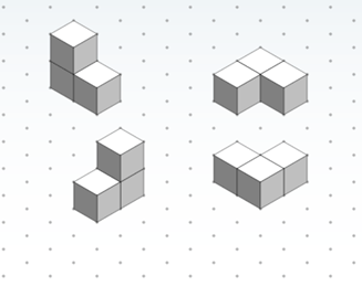 Four isometric drawings (on dot paper) of one three-cube shape from different perspectives. 