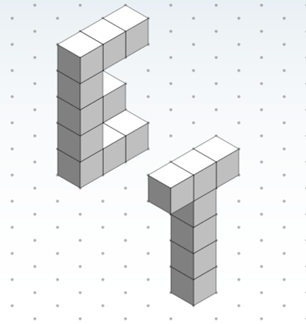 A drawing of the capital letters E and T on triangle-dot paper. They look like “block” letters. The “T” is a line of three cubes placed horizontally on top of a stack of four cubes.
